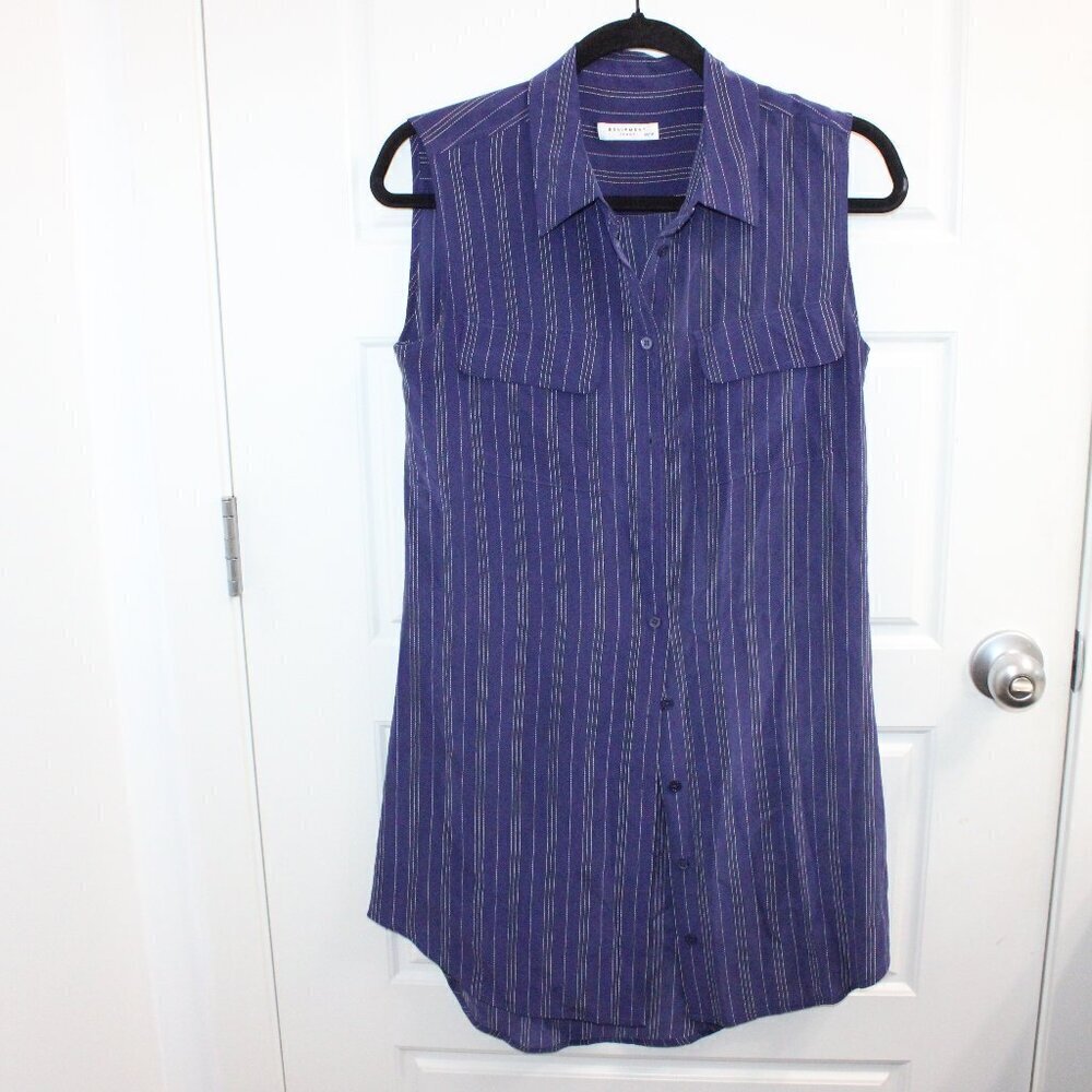 Equipment Femme Dress 100% Silk Striped Mini Sleeveless Button‎ Down Blue XS